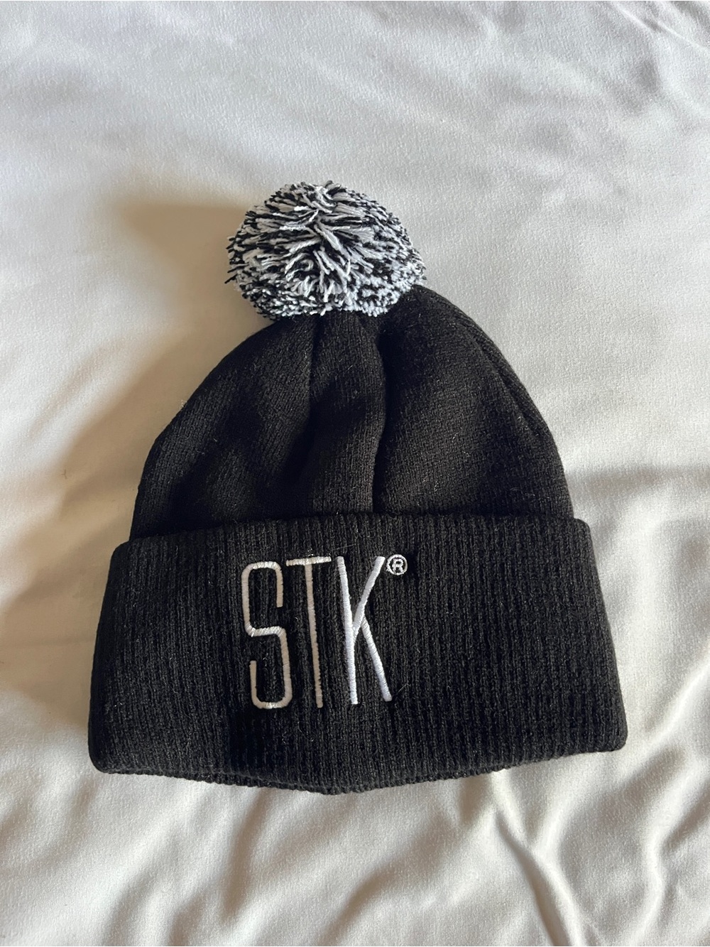 STK Black White Pom Pom Beanie Hat Knit Ski Cap Cuffed Embroidery One Size 